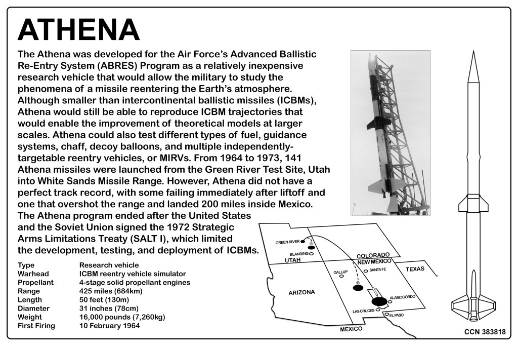 Image of the Athena missile, a research vehicle developed for testing ICBM re-entry systems, with descriptions of its specifications and test history.