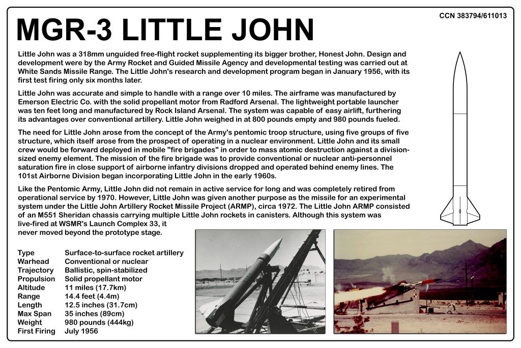 Infographic detailing the MGR-3 Little John surface-to-surface rocket artillery system, including specifications like range, length, and historical context regarding its development and operational use.