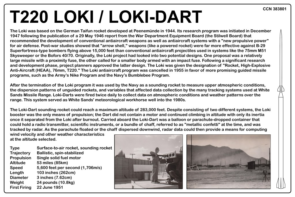 Information panel detailing the T220 Loki and Loki-Dart sounding rockets, their design, development history, and specifications, with an image of the rocket launch.