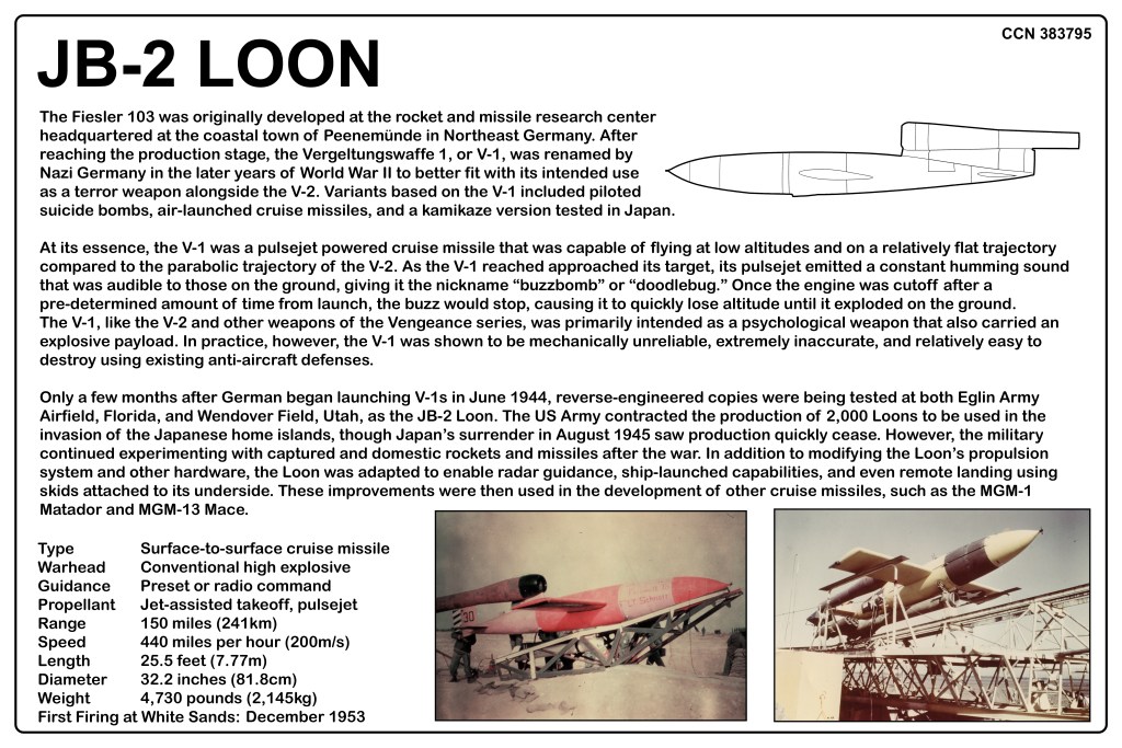Information panel detailing the JB-2 Loon missile, including its history, design specifications, and operational capabilities.