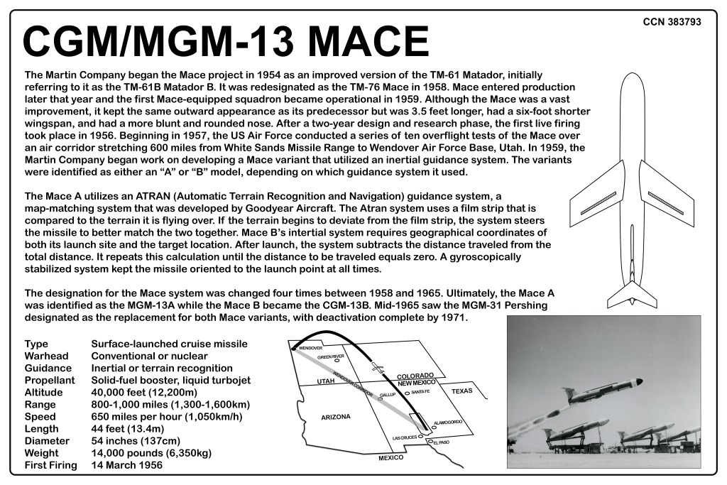 Diagram detailing the CGM/MGM-13 Mace missile, including its specifications, history, and guidance system, with an image of the missile launching.