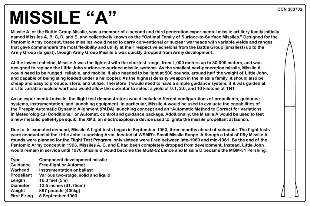 Detailed description of Missile A, an experimental surface-to-surface missile with a range of 1,000 to 30,000 meters, designed for military applications and capable of carrying nuclear warheads.