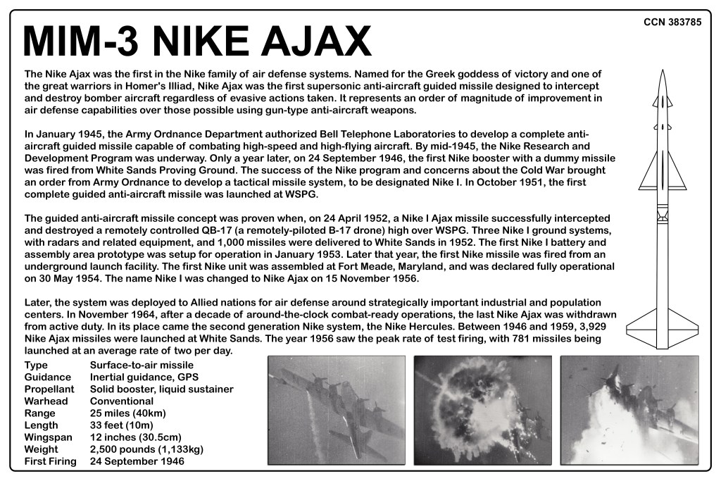 Informational graphic about the MIM-3 Nike Ajax missile, detailing its development, testing, and operational history as an anti-aircraft guided missile.