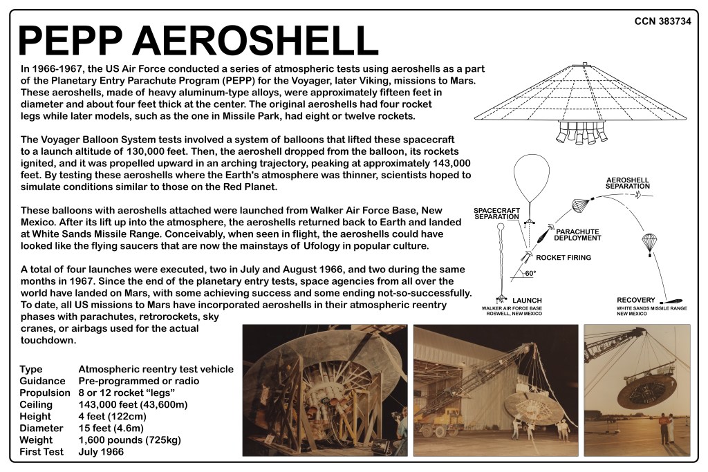 A poster detailing the PEPP Aeroshell project from 1966-1967, including images and descriptions of the atmospheric reentry test vehicle used for Mars missions.