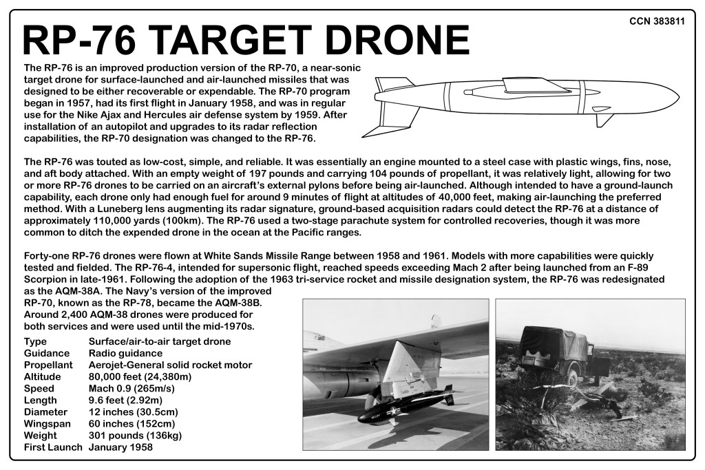 Informational graphic about the RP-76 target drone, including specifications, capabilities, and historical context.
