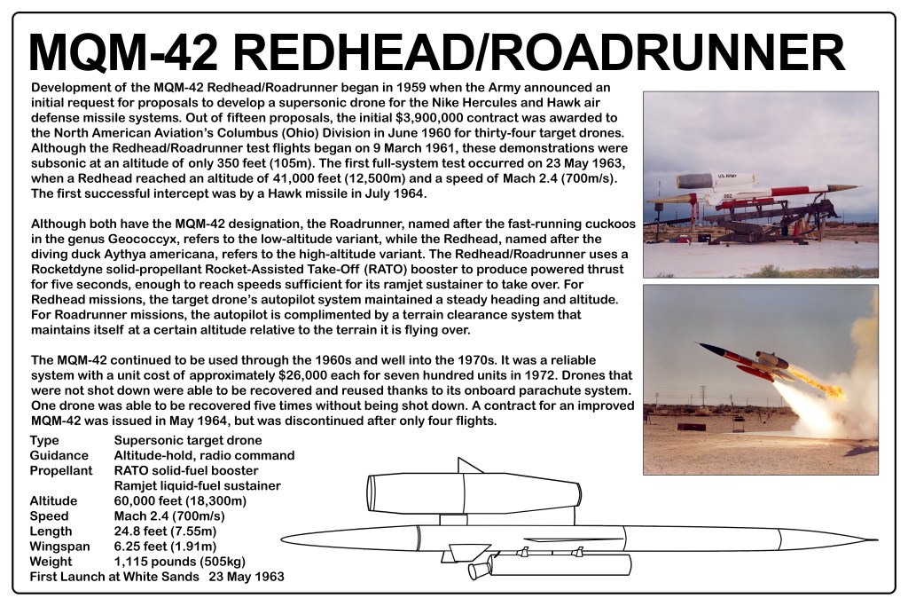 Informational graphic about the MQM-42 Redhead/Roadrunner drone, detailing its development, specifications, and operational history.