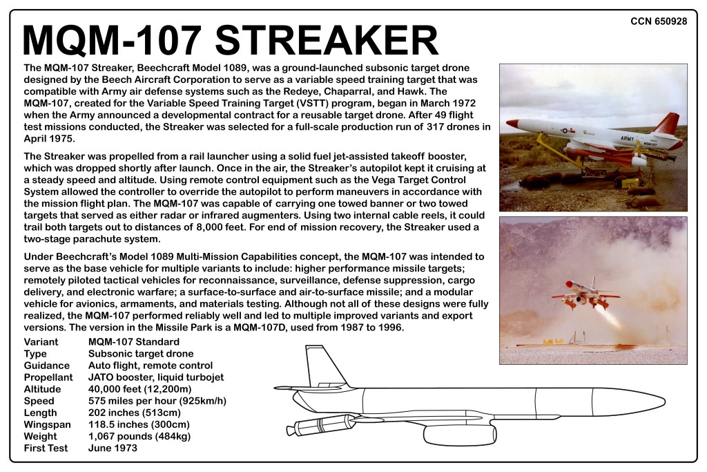 Informational graphic about the MQM-107 Streaker, a subsonic target drone used for training and testing by the U.S. Army. Features specifications, launch details, and a technical illustration.