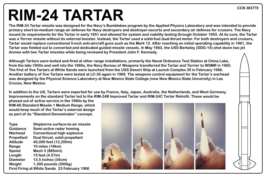 Diagram and information on the RIM-24 Tartar missile, including specifications, historical context, and first firing date.