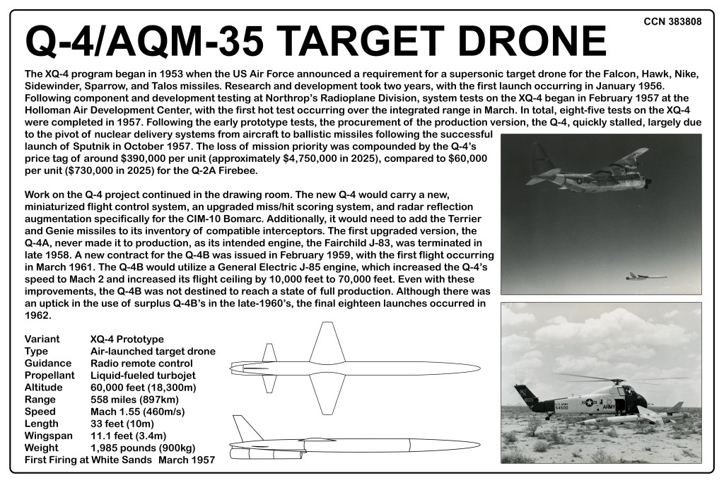 Diagram and specifications of the Q-4/AQM-35 target drone, including its development history, features, altitude, speed, and first firing date.